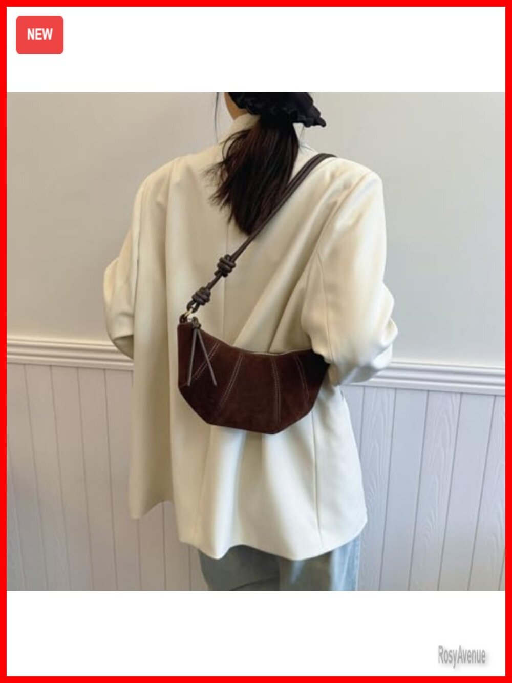 Faux Suede Crescent Crossbody Bag with Adjustable Strap - Mini Handbag - Picture 2 of 6